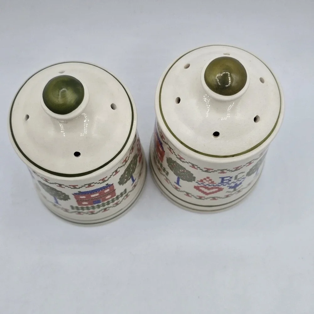Vintage Cross Stitch Sampler Ceramic Salt and Pepper Shakers Cottagecore ABC 123